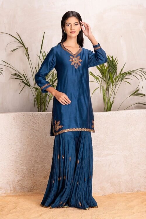 Blue Silk Chanderi Sharara Embroidered Set – M2/16