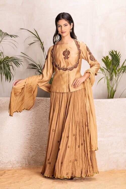 Golden Beige Silk Chanderi Embroidered Kurta Skirt Set – M2/08