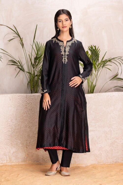 Black Silk Chanderi Embroidered Jacket Set – M2/11