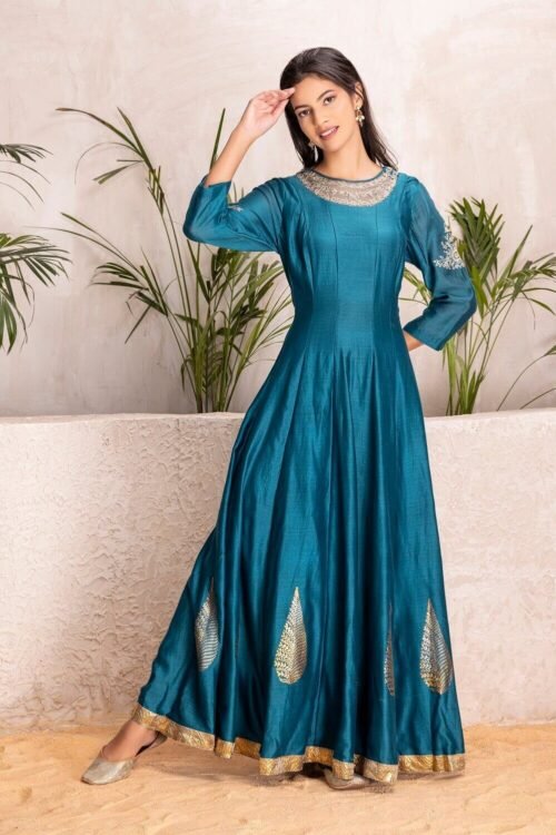 Blue Embroidered Silk Chanderi Anarkali Set – M2/03