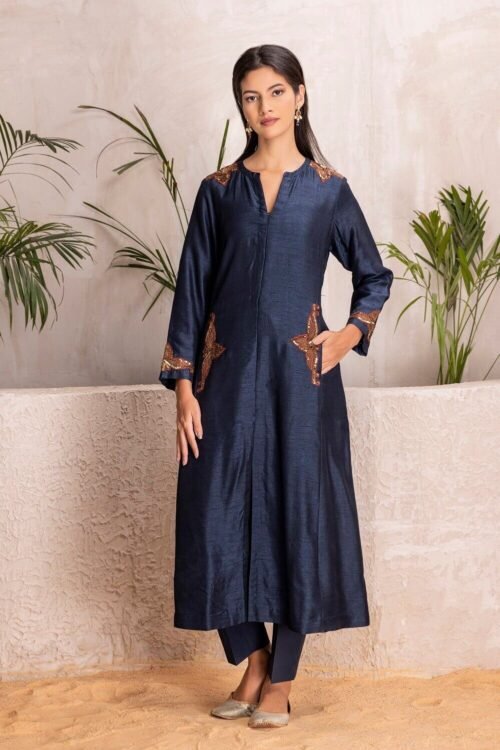 Blue Dupion Silk Embroidered Set – M8/12