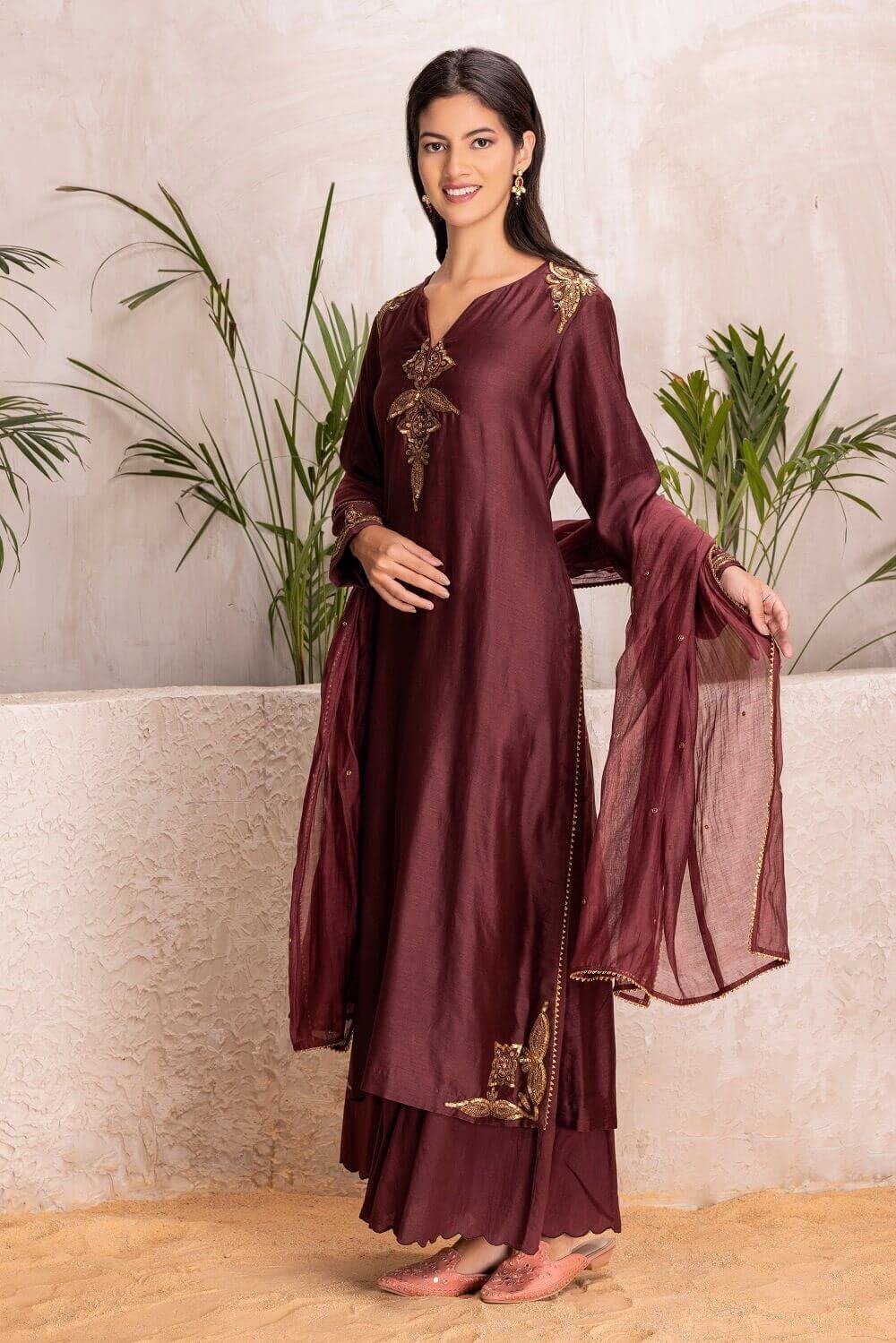 Brown Chanderi Silk Embroidered Set – M8/11