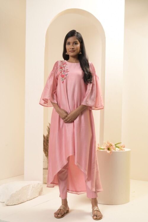 Pink embroidered High low tunic set – M1-06