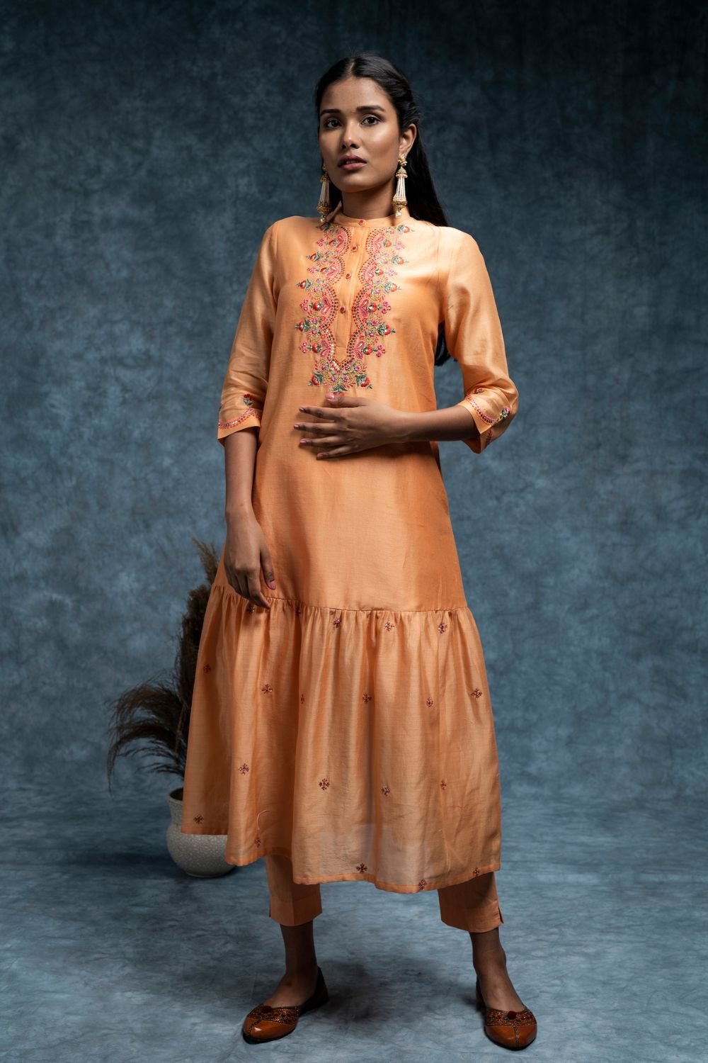 Orange embroidered tiered dress set – M1-07