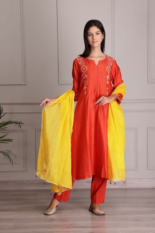 Orange Silk Chanderi Embroidered kurta set – M11/16