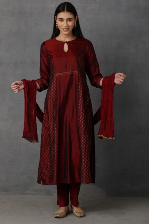 Mahroon golden khadi embroidered kurta comes along with pants and Dupatta – M10-03