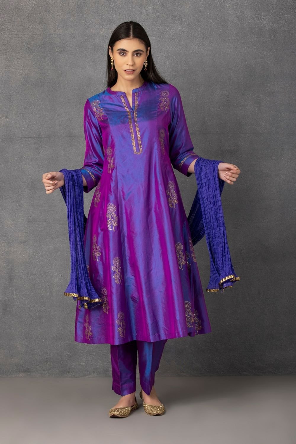 Violet golden khadi embroidered A-line kurta comes along with pants and Dupatta – M10-05