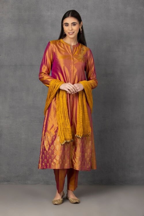 Yellow golden khadi embroidered kurta comes along with pants and Dupatta – M10-06