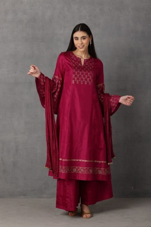 Falsa golden khadi embroidered A-line kurta comes along with plazzo and Dupatta – M10-07