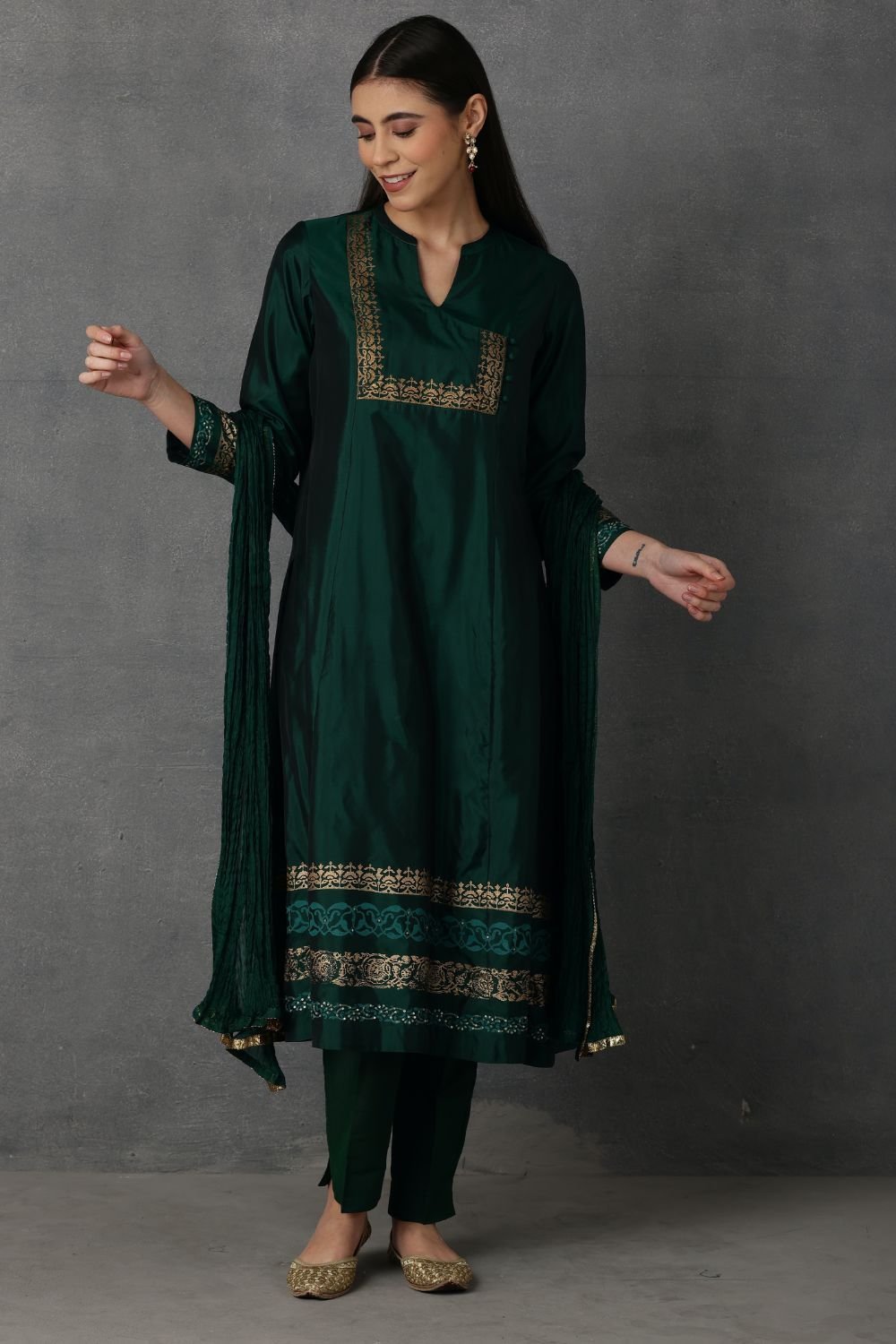 Green embroidered A-line kurta comes along with pants and Dupatta – M10-10