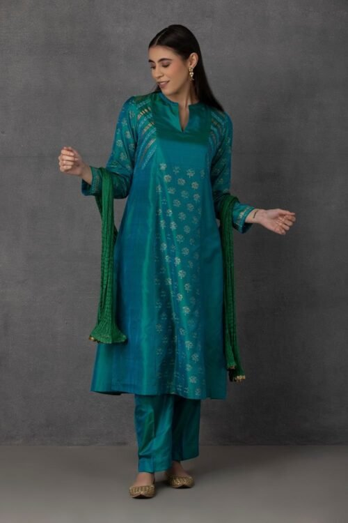 Aqua golden khadi embroidered kurta comes along with pants and Dupatta – M10-11