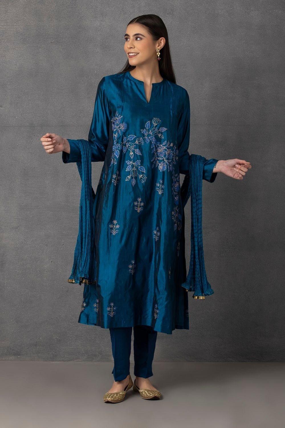 Dark Blue golden khadi embroidered kurta comes along with pants and Dupatta – M10-13