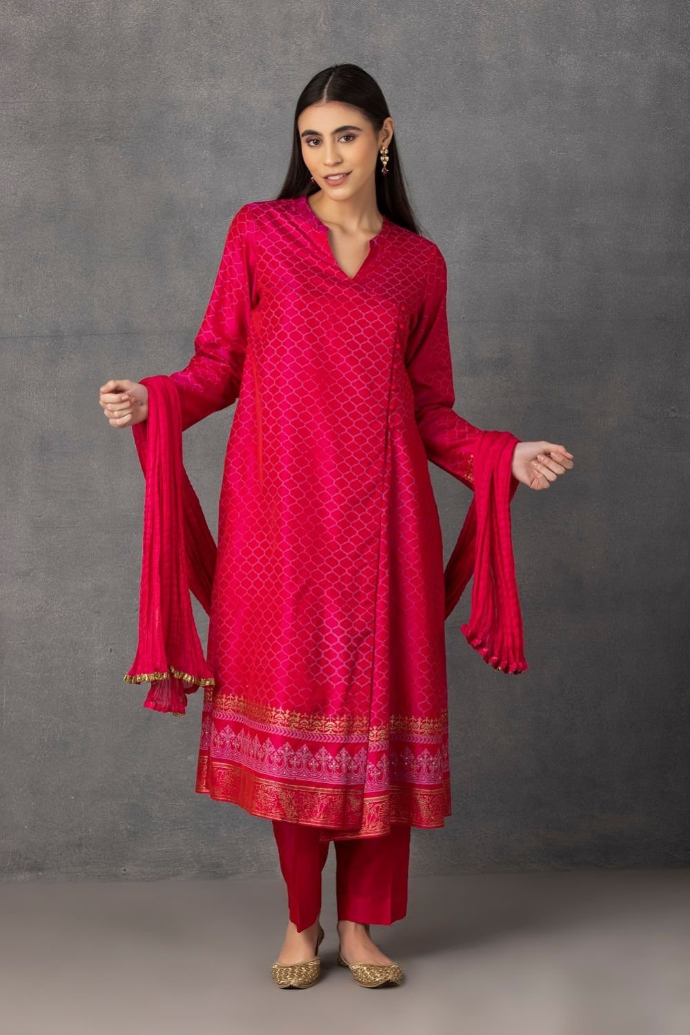 Hot Pink golden khadi embroidered Angrakha kurta comes along with pants and Dupatta – M10-14