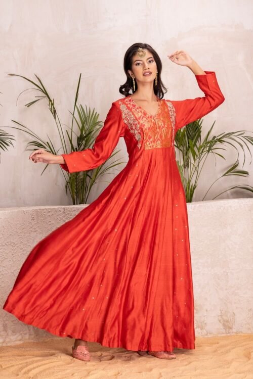 Orange Embroidered Chanderi Anarkali Set – M2/04