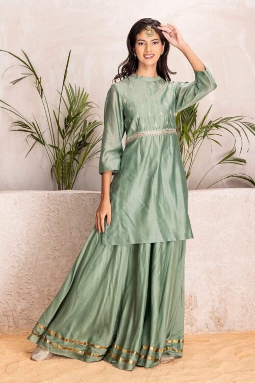 Sage Green Embroidered Sharara Set – M2/05