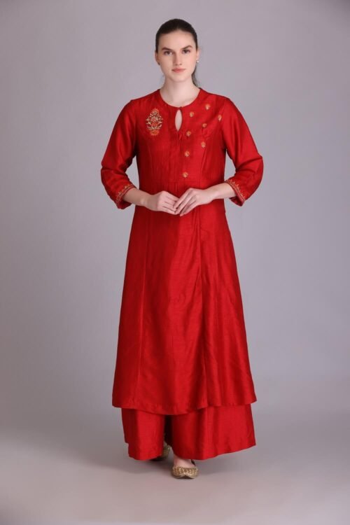 Red Embroidered Dupion Silk Kurta Set – M3/01