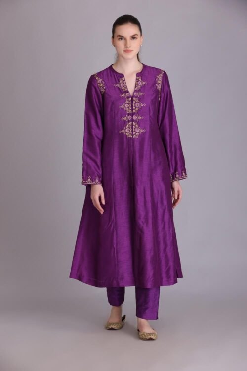 Purple Embroidered Dupion Silk kurta Set – M3/03A