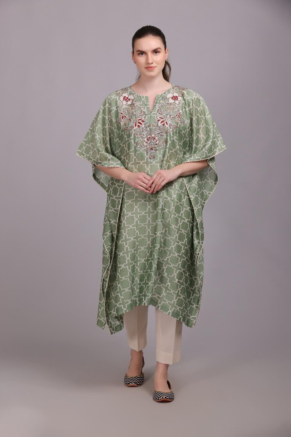 Sage green geometric print Pitta embroidered kaftaan set – M6/10