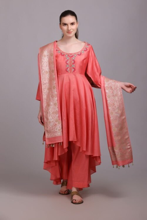 Rose pink embroidered high low set – M7/07