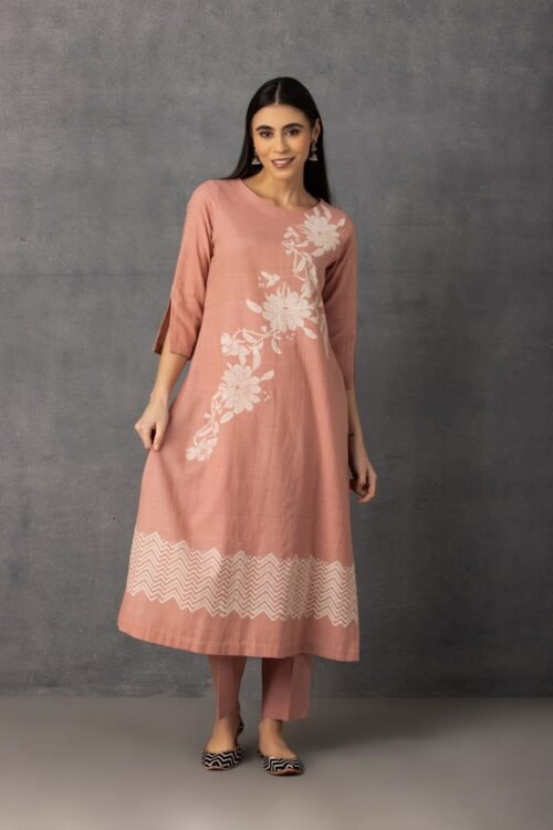 Rose pink soft khadi printed A-line kurta set – M9-01