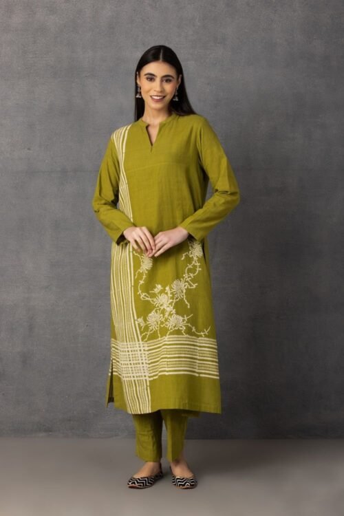 Mehendi green soft khadi printed kurta set – M9-02