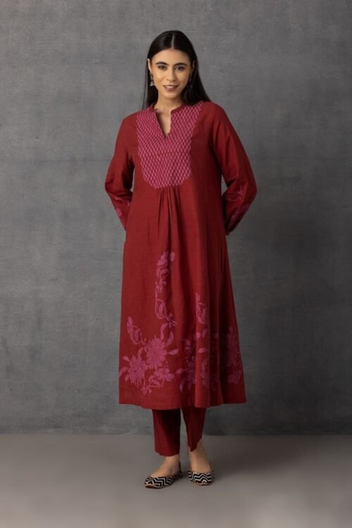 Mahroon soft khadi printed A-line kurta set – M9-04