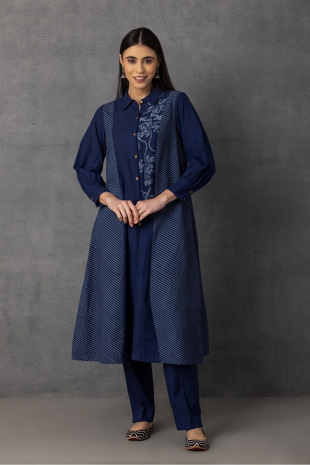 Indigo soft khadi printed shirt-dress set – M9-05