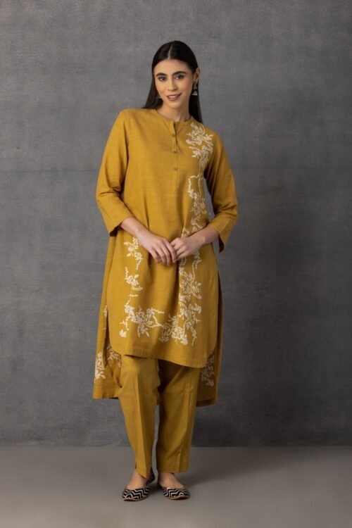 Yellow soft khadi printed Asymmetrical tunic set – M9-08