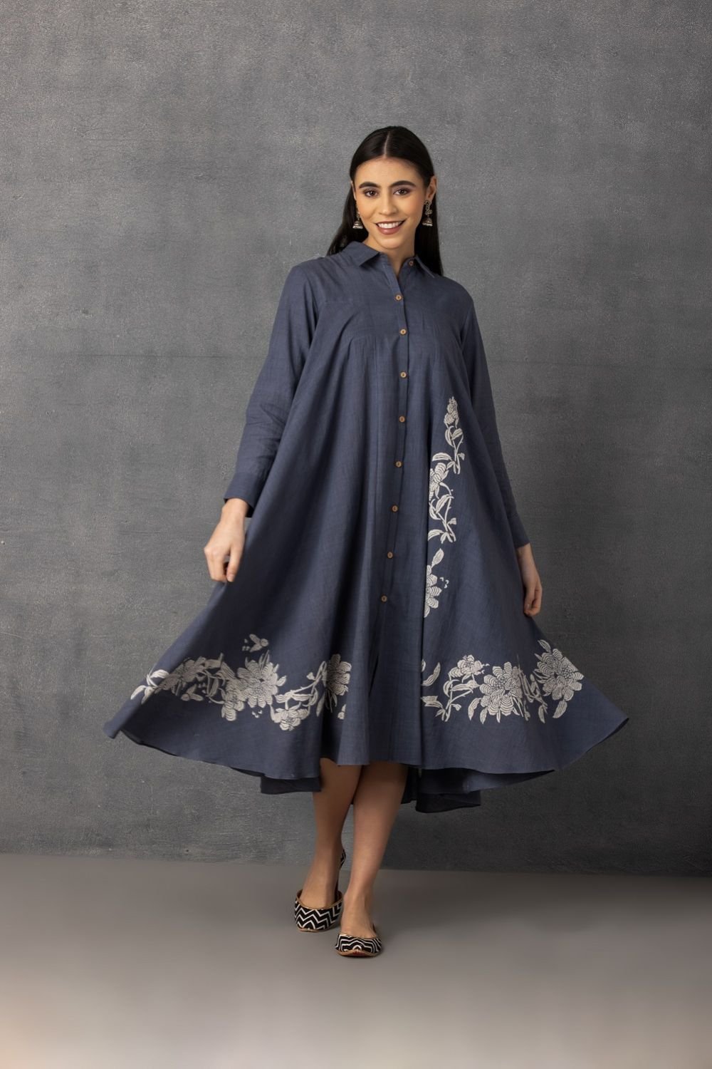 Gray soft khadi printed asymmetrical tunic set – M9-09