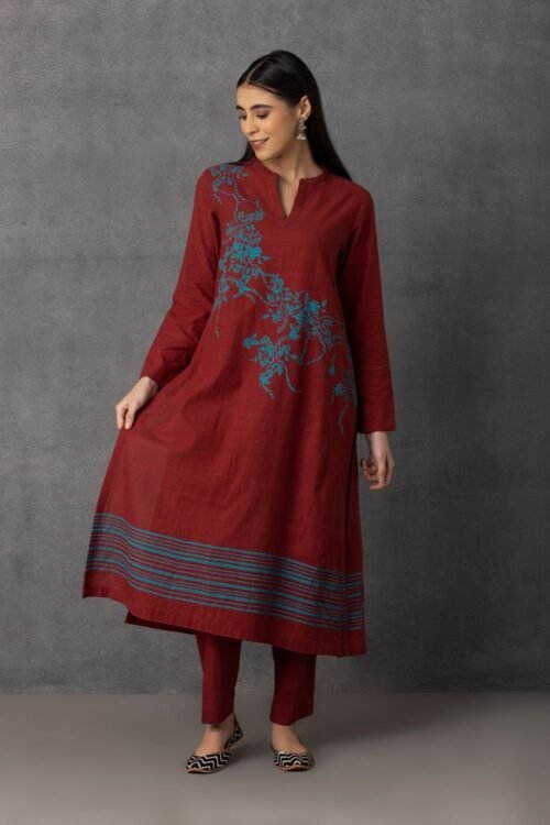 Maroon soft khadi printed A-line kurta set – M9-12