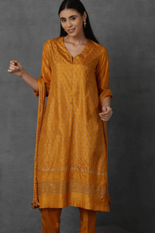 Yellow golden khadi embroidered kurta comes along with pants and Dupatta – M10-02