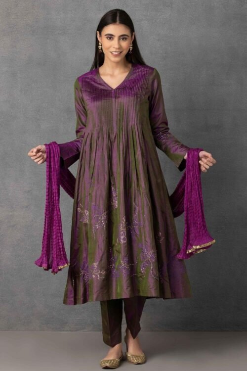 Wine golden khadi embroidered kurta comes along with pants and Dupatta – M10-12