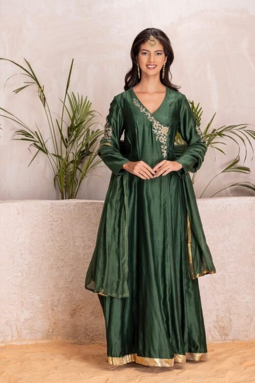 Green Silk Chanderi Embroidered Anarkali Set – M2/18